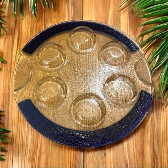 Fused Art Glass Passover Seder Plate – Cobalt Blue & Clear Textured Glass – 10” - Picture 4 of 7
